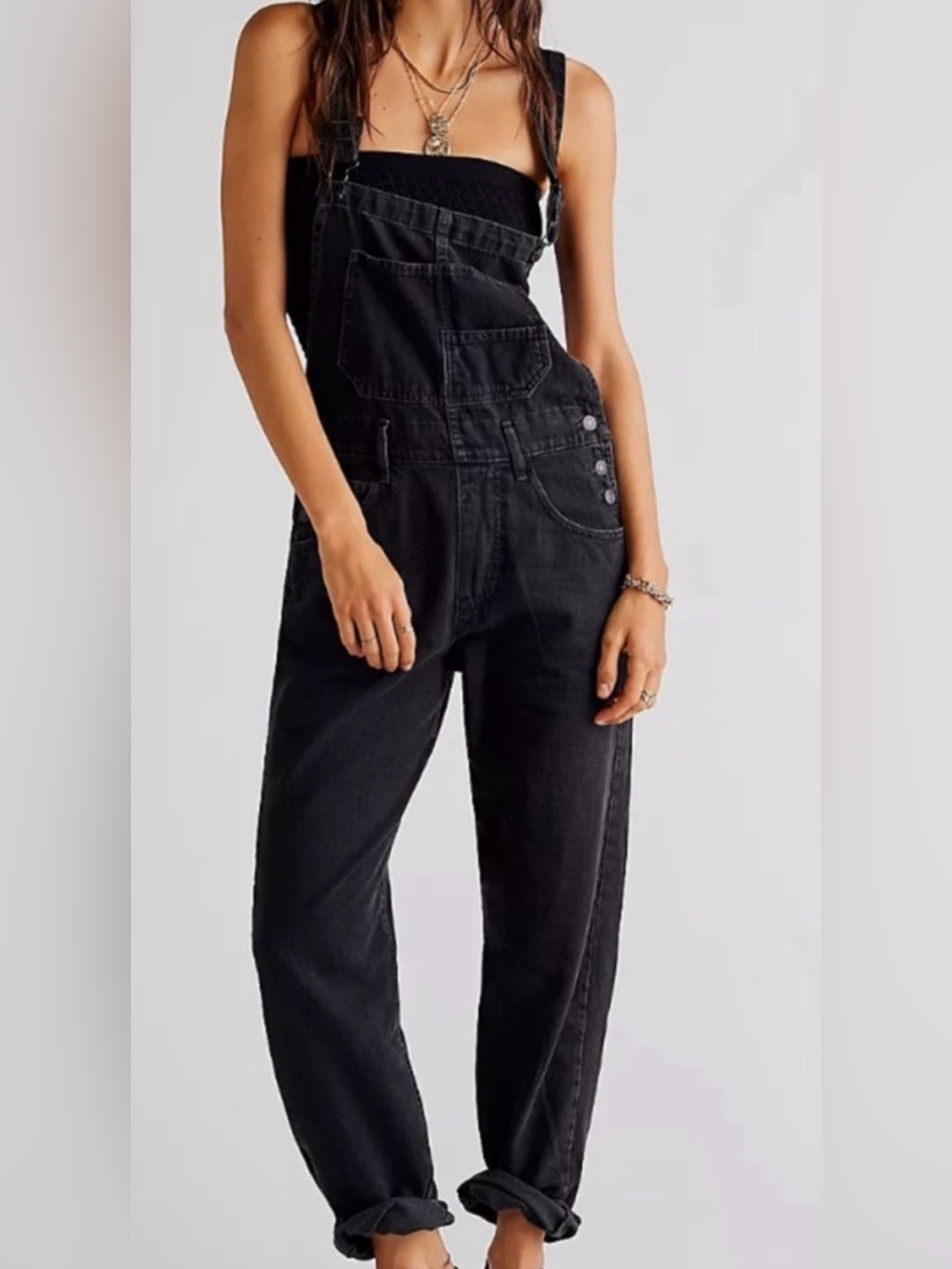 Free People Ziggy washed black denim Jean Overalls size xs oversized